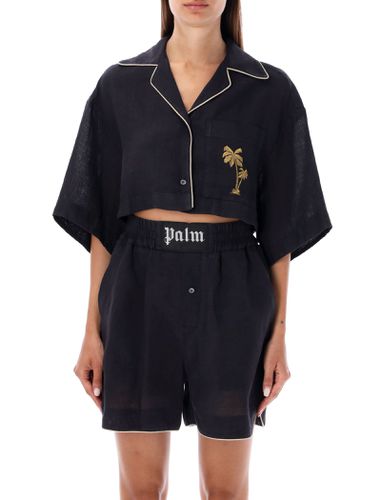 Cropped Linen Bowling Shirt - Palm Angels - Modalova