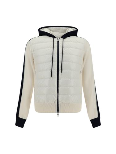 Padded Tricot Cardigan With Hood In White And Navy Blue - Moncler - Modalova
