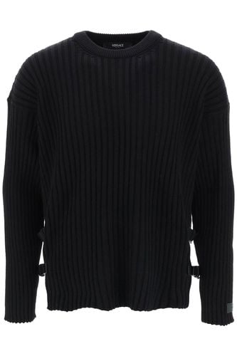 Ribbed-knit Sweater With Leather Straps - Versace - Modalova