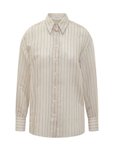 Cotton And Silk Sparkling Stripe Poplin Shirt With Monile - Brunello Cucinelli - Modalova