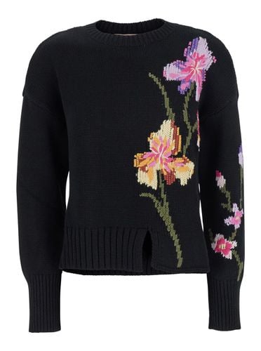 Sweater With Embroidered Flowers And Slit On The Front In Cotton Woman - TwinSet - Modalova