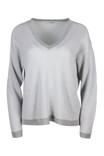 V-neck Cotton Blend Sweater Embellished With Lurex Rows With Contrasting Color Edges - Fabiana Filippi - Modalova