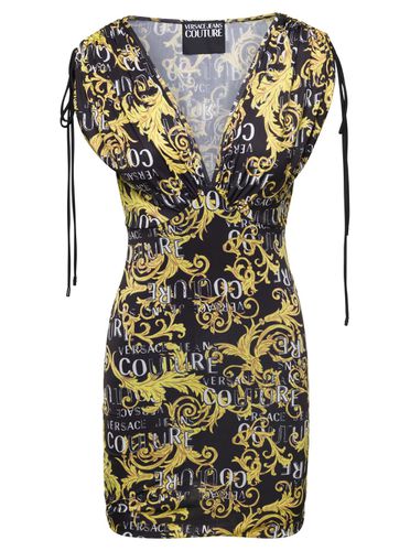 V Neck Mini Dress With All-over Couture Logo Print In Polyester Woman - Versace Jeans Couture - Modalova