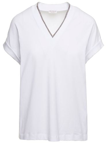 V-neck T-shirt With Monile Detail In Stretch Cotton Woman - Brunello Cucinelli - Modalova