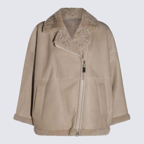 Beige Fur Leather Jacket - Brunello Cucinelli - Modalova