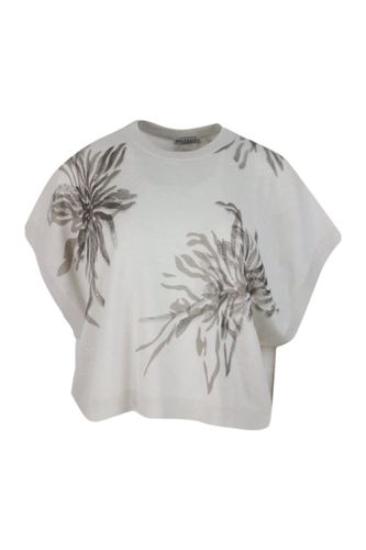 Crewneck Sweater In Wool, Silk And Cashmere With Floral Print Embellished With Lurex - Brunello Cucinelli - Modalova