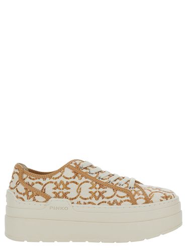 White And Gold Platform Sneakers With Love Birds Monogram In Canvas Woman - Pinko - Modalova