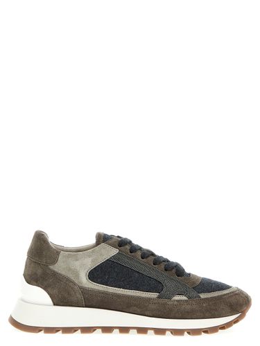 Suede Runner Sneaker Shoe With Wool Inserts Embellished With Brilliant Monili Detail On The Sides. Closure With Laces - Brunello Cucinelli - Modalova