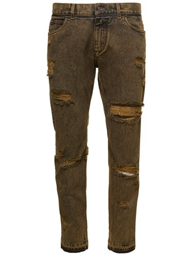Brown Straight Jeans With Rips In Cotton Denim Man - Dolce & Gabbana - Modalova