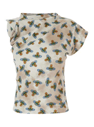 Hebo T-shirt With Asymmetric Ruched Short Sleeves And All-over Orb Logo Print In Cotton Woman - Vivienne Westwood - Modalova