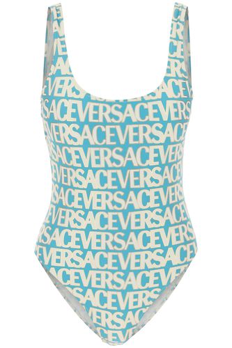 Blue One-piece Swimsuit With All-over Logo Lettering Print In Stretch Tech Fabric Woman - Versace - Modalova
