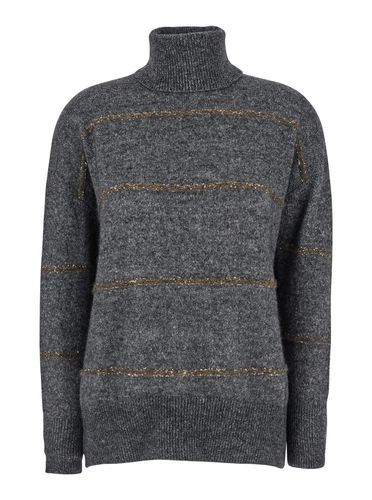 High Neck Sweater With Stripe Motif In Alpaca Blend Woman - Brunello Cucinelli - Modalova