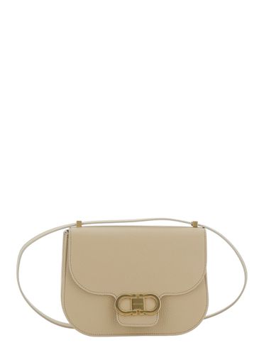 Beige Shoulder Bag With Metal Gancini Detail On The Front In Hammered Leather Woman - Ferragamo - Modalova