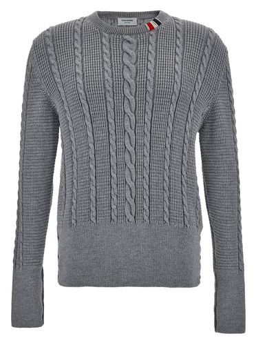 Crewneck Cable Knit Sweater With Rwb Stripe Detail In Wool Man - Thom Browne - Modalova