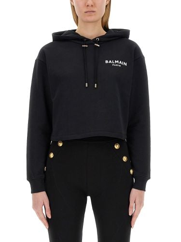 Cropped Hoodie With Flocked Logo - Balmain - Modalova