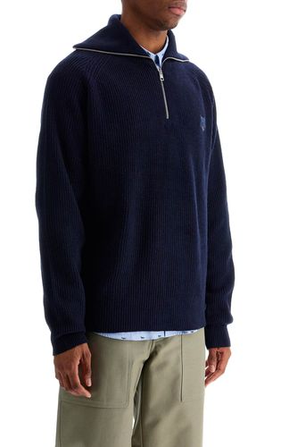 Ink Blue Wool Sweater With Fox Head Patch And Half Zip - Maison Kitsuné - Modalova