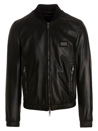 Leather Jacket With Logo Plaque - Dolce & Gabbana - Modalova