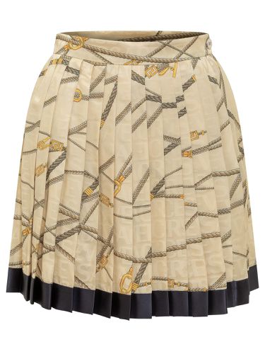 Pale Yellow Pleated Mini Skirt With All-over Logo Print In Silk Blend Woman - Versace - Modalova