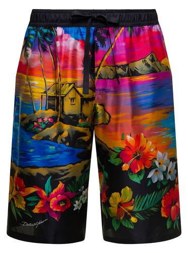 Bermuda Shorts With All-over Hawaiian Print And Drawstrig In Silk Man - Dolce & Gabbana - Modalova