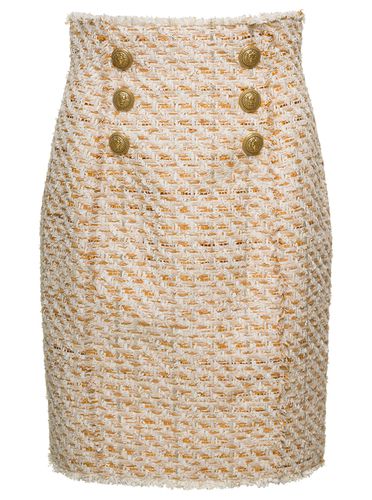 Beige Tweed Skirt With Front Golden Buttons In Cotton Blend Woman - Balmain - Modalova