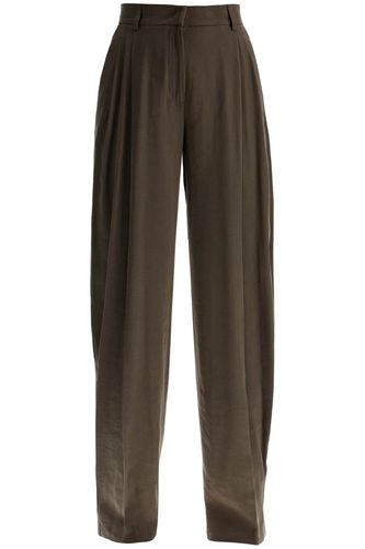 Khaki Wide Leg Viscose Trousers With Front Pleats - The Andamane - Modalova