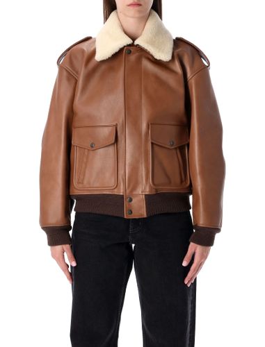 Brown Leather Bomber Jacket With Shearling Collar - Saint Laurent - Modalova