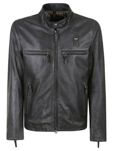 Band Collar Zipped Biker Jacket - Blauer - Modalova