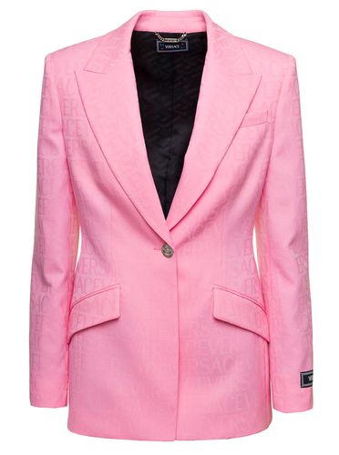 Single-breasted Jacket With All-over Tonal Logo Lettering Print In Wool Woman - Versace - Modalova