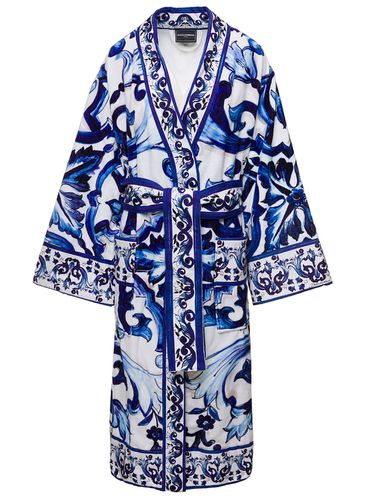 Kimono Bathrobe With All-over Blu Mediterraneo Print In Cotton - Dolce & Gabbana - Modalova