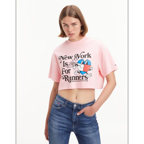 T-shirt cropped girocollo a maniche corte con motivo frontale - TOMMY JEANS - Modalova