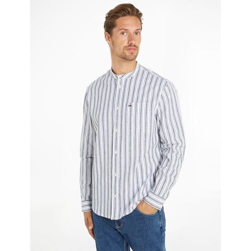 Camicia a righe in cotone lino collo alla coreana - TOMMY JEANS - Modalova