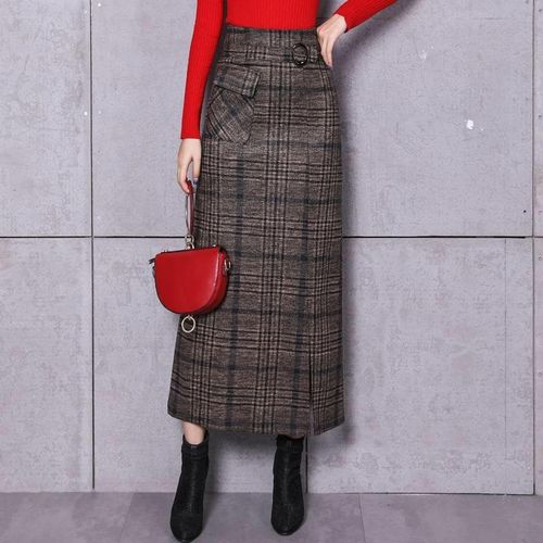 Woolen Long Plaid Skirt - musthaveskirts - Modalova