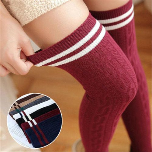 Knit Cotton Striped Thigh High Stocking - musthaveskirts - Modalova