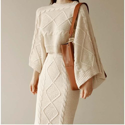 Sleeve Loose Sweater Crop Top & Skirt - musthaveskirts - Modalova
