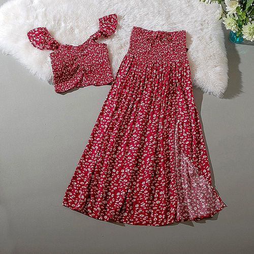 Summer Flower Magenta Crop Top And Long Skirt 2 Piece Set - musthaveskirts - Modalova