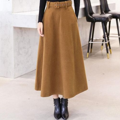 Winter Woolen Maxi Skirts With Belt - musthaveskirts - Modalova