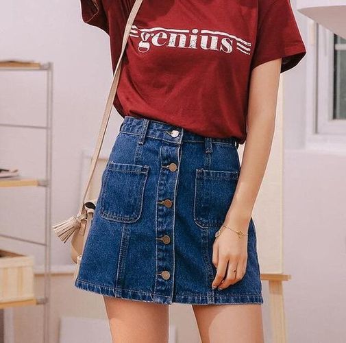 Single Button Pockets Jean Skirt - musthaveskirts - Modalova