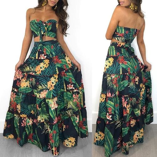 Crop Top Long Skirt Floral Printed Two Piece Set - musthaveskirts - Modalova