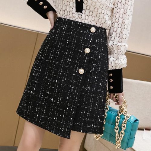 Pearls Buttons Plaid Tweed Skirts - musthaveskirts - Modalova
