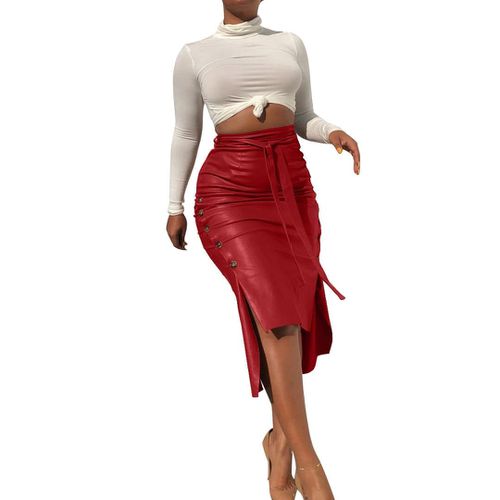 Split Lace Up Leather Skirt - musthaveskirts - Modalova
