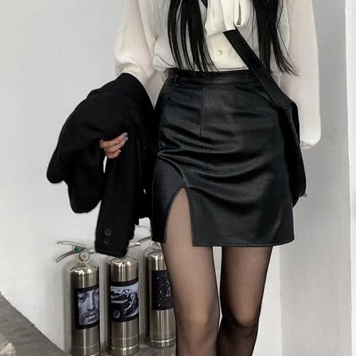 Black PU Sexy Mini Split Leather Skirt - musthaveskirts - Modalova