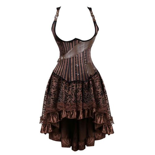 Striped Corset Vest Bustier Top With Floral Lace Skirt Set - musthaveskirts - Modalova