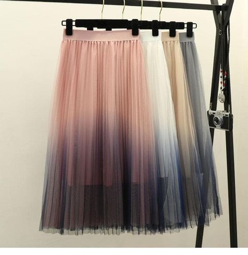 Two Layer Sweet Mesh Pleated Long Skirt - musthaveskirts - Modalova