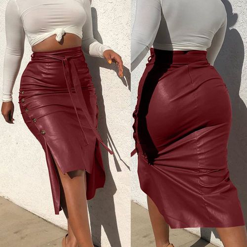 Women's Button Faux Leather Skirt - musthaveskirts - Modalova