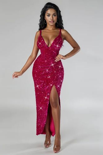 Hot Pink Sequin V-Neck High Slit Sexy Party Dress - AMIClubwear - Modalova