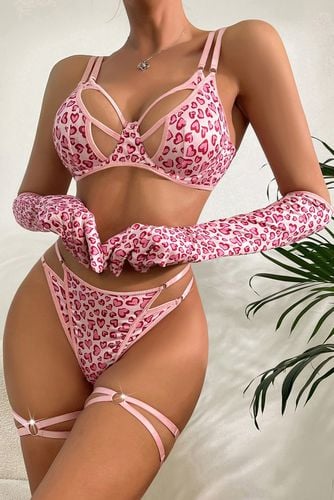 Pink Leopard Print Strappy Bra Thong Garters Gloves 4Pc Sexy Lingerie Set - AMIClubwear - Modalova