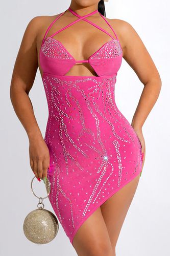 Pink Rhinestone Mesh Strappy Cut-Out Asymmetrical Sexy Party Dress - AMIClubwear - Modalova