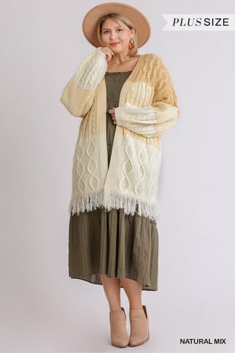 Patchwork Knitted Open Front Cardigan Sweater With Frayed Hem - KandyKouture - Modalova