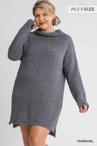 High Cowl Neck Bouclé Long Sleeve Sweater Dress - KandyKouture - Modalova