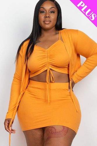 Plus Size Ruched Drawstring Cami Top & Skirt Set With Cardigan - KandyKouture - Modalova